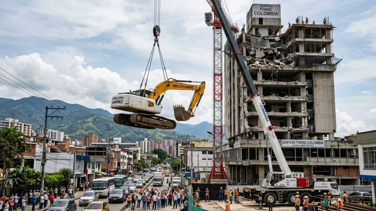 Imagens mostram retroescavadeira suspensa sobre edifício em Dosquebradas