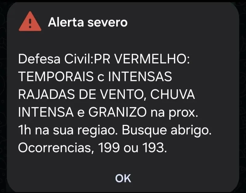 Defesa Civil alerta Curitiba e cidades vizinhas para tempestade severa