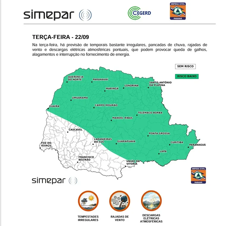 Temporais deixam 161,9 mil unidades sem energia no Paraná