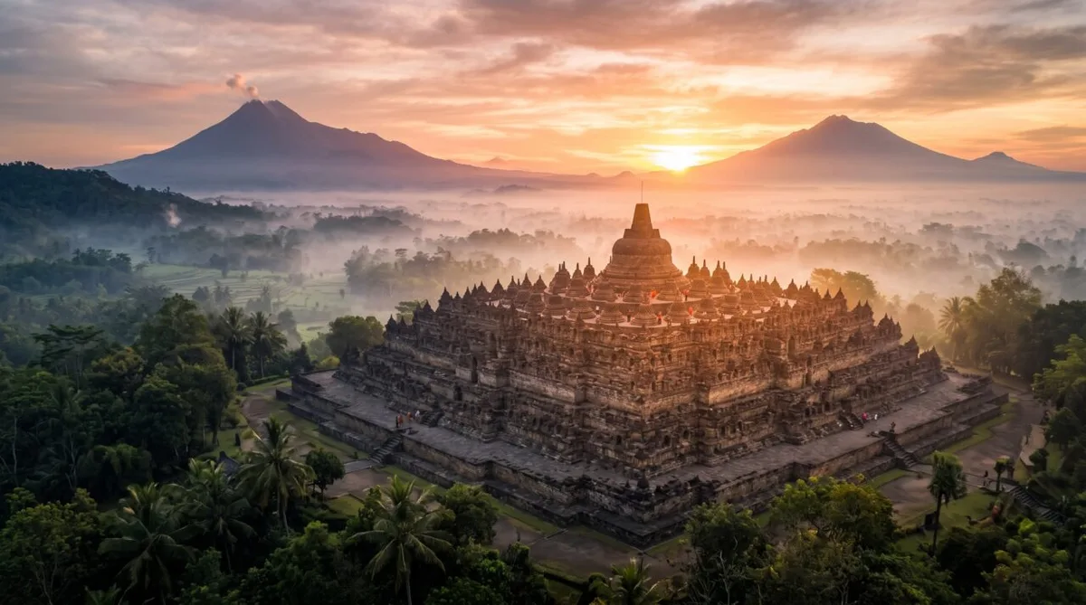 Borobudur transforma a subida ao templo em uma arquitetura de ascensão